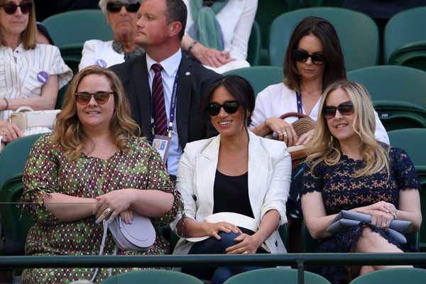 Meghan Markle, Duchess of Sussex watches on during the ladies' Singles Second round match between Serena Williams of The United States and Kaja Juvan of Slovenia during Day four of The Championships - Wimbledon 2019 at All England Lawn Tennis and Croquet Club on July 04, 2019 in London, England. (July 3, 2019 - Source: Getty Images Europe)
