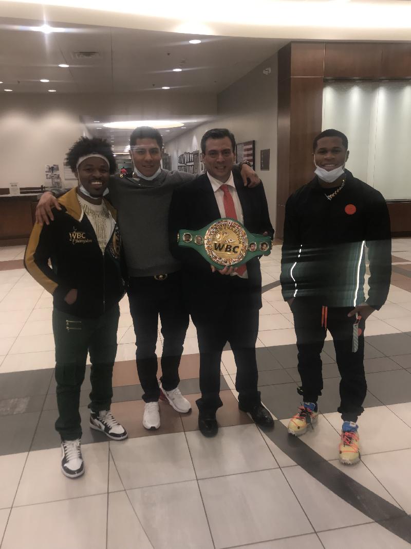 Muhammad pic - Shawn Porter, Jessie Vargas, and world champion Devin Haney with World Boxing Council President Mauricio Sulaiman at Summerlin Hospital Medical Center