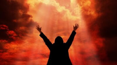 Man storming gates of hell and pounding on the door of heaven (google free to share and use)