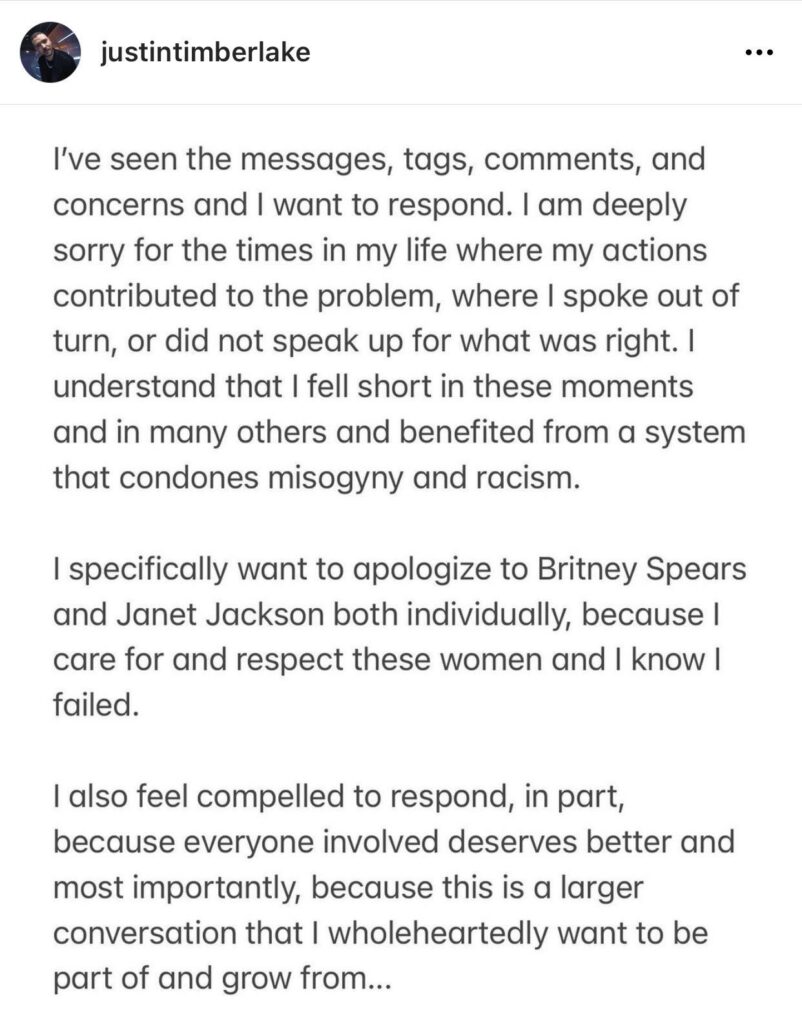 Justin timberlake apology 