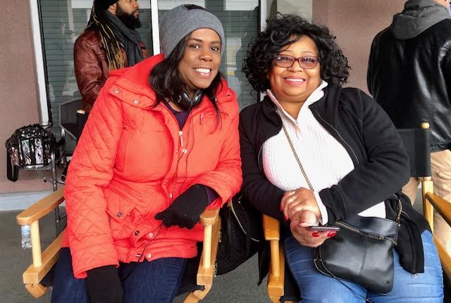 Executive Producer, Vickie Adams, and novelist, Jacqueline D. Moore on REDEEMED set