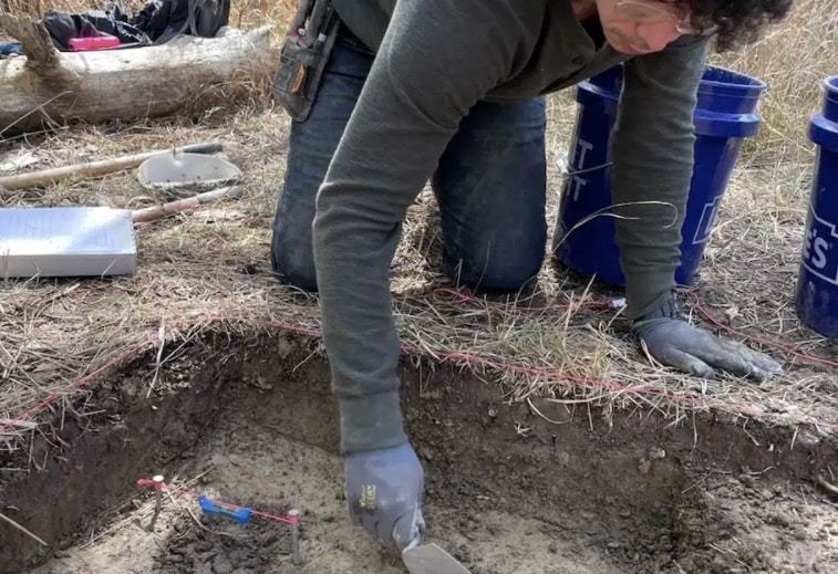 Maryland State Highway Administration archaeology consultant Christopher Triplett excavates the home site of Ben Ross in Dorchester County, Md. (Photo courtesy of Julie Schablitsky) (Courtesy of Julie Schablitsky )