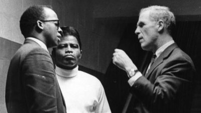 James Brown flanked by City Counselor Thomas Atkins (L) and Boston Mayor Kevin White