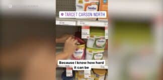 The video shows the couple slipping cash inside baby products at Target stores in Southern California