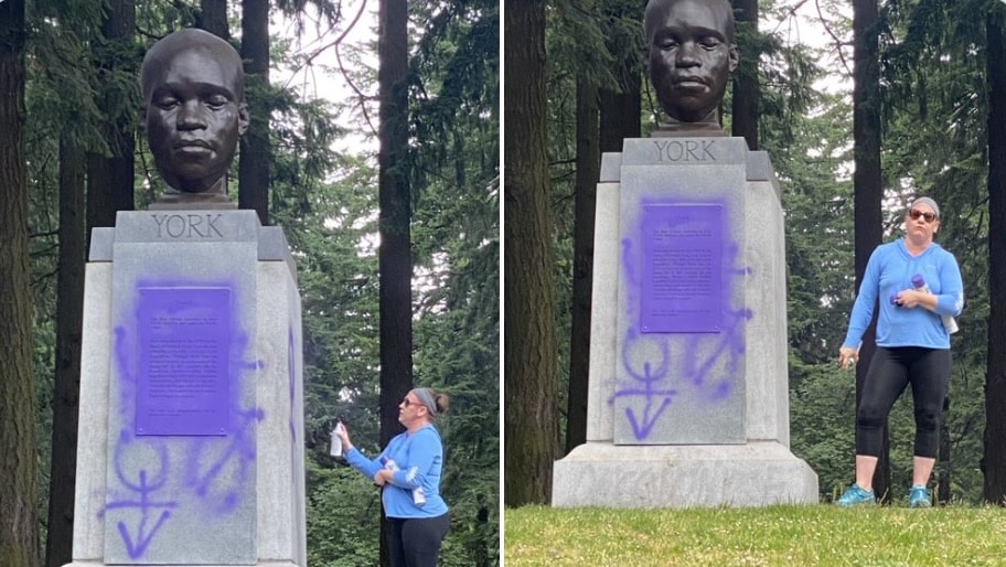 white woman vandalizes York bust in Portland