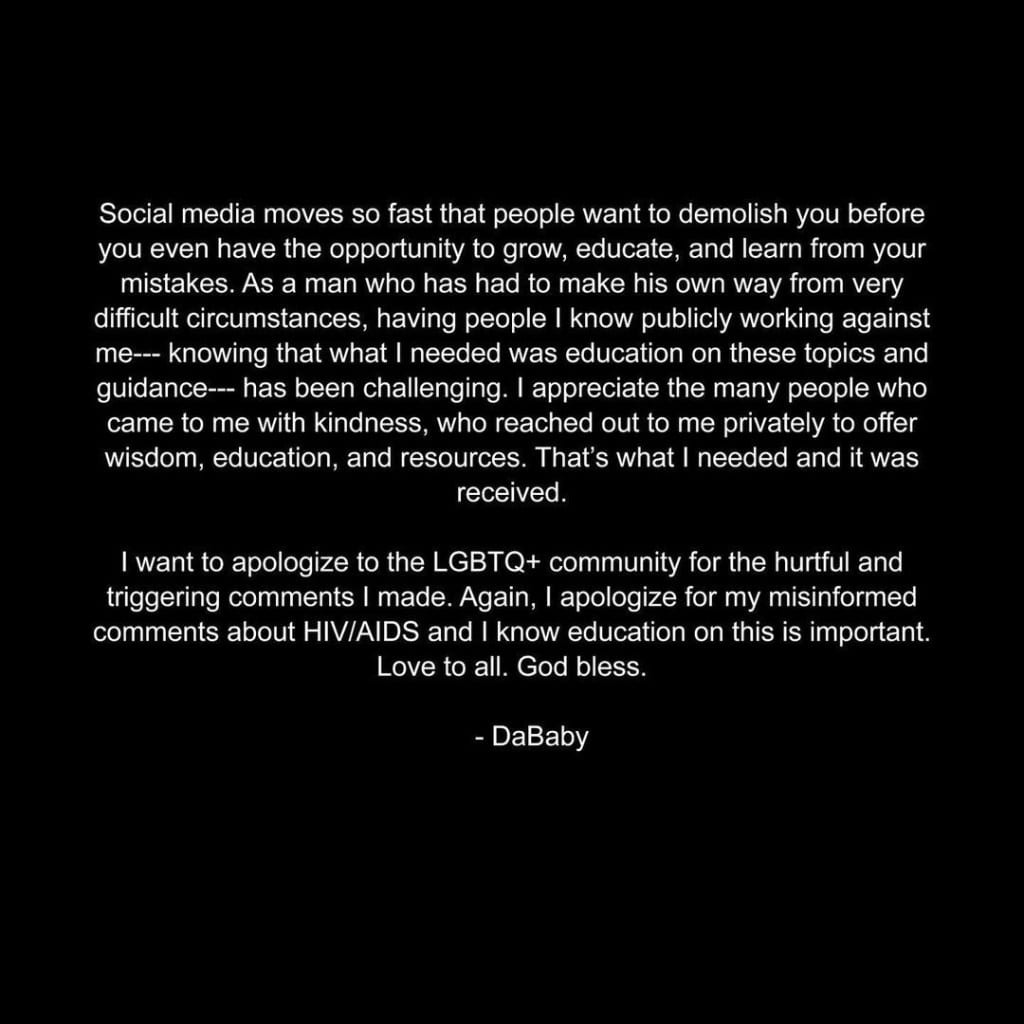DaBaby apology v ia Instagram