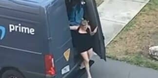 Woman sneaks out back of Amazon delivery van