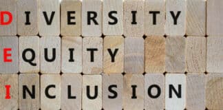 DEI, Diversity, equity, inclusion symbol. Wooden blocks