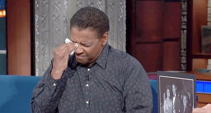 An emotional Denzel Washington on Late Show with Stephen Colbert (screenshot)