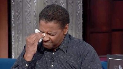 An emotional Denzel Washington on Late Show with Stephen Colbert (screenshot)