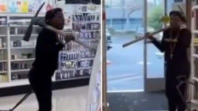 Pickaxe Wielding Woman shoplifting / screenshot