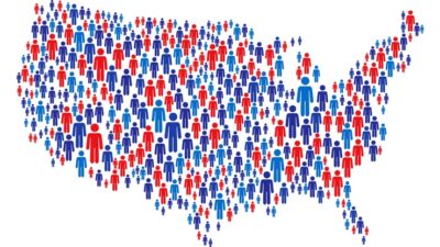 Vector of USA Map Made of Stickman Figure with Patriotic Colors / Getty