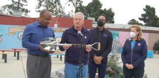 Inglewood Mayor Butts accept donation of a Golden Shovel from Jack Groh, Christopher Hicks and Susan Groh looks on: Photo Credit, Ricky Richardson
