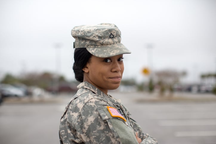 Close Portrait of Female Army Soldier / Getty