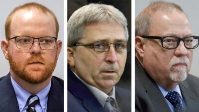 This photo combo shows, from left, Travis McMichael, William "Roddie" Bryan, and Gregory McMichael during their trial at at the Glynn County Courthouse in Brunswick, Ga. Jurors on Wednesday convicted the three white men charged in the death of Ahmaud Arbery, the Black man who was chased and fatally shot while running through their neighborhood in an attack that became part of the larger national reckoning on racial injustice.