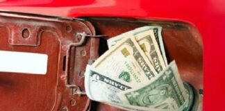 Gas pump - money in gas hole-chute for car
