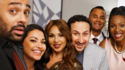 Lifetime Fallen Angels Murder Club (L to R) Rainbow Sun Francks, Humberly Gonzalez, Toni Braxton, Raoul Bhaneja, Yanic Truesdale and Lisa Berry)