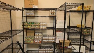 Food Bank-Pantry shelves (bare) - Getty