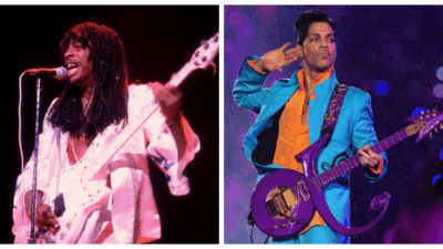 Rick James (L) and Prince in concert