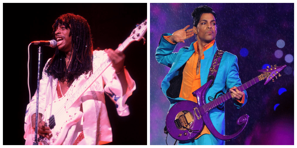 Rick James (L) and Prince in concert