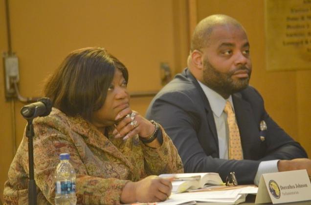 Reparations Task Force - DOJ Parliamentarian Doreathea Johnson and Damon Brown, Special Assistant Attorney General for the CA Department of Justice, listen to task force reparations proceedings / CBM photo by Antonio Ray Harvey
