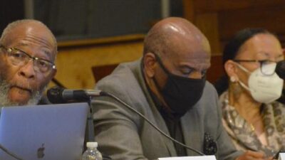 From left to right are task force vice-chair Dr. Rev. Amos Brown, California State Sen. Steven Bradford (D-Gardena) and Dr. Cheryl Grills (CBM photo by Antonio Ray Harvey).