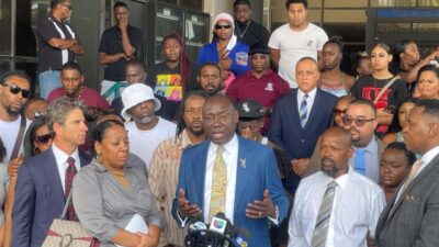 Photo by CBM Staff Attorney Ben Crump speaking at a press conference with the family and supporters of Rob Marquise Adams in front of San Bernardino City Hall July 20, 2022.