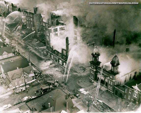 The 1963 fire of the Briggs building. On the bottom left , the 2nd and third homes from the corner were my family.