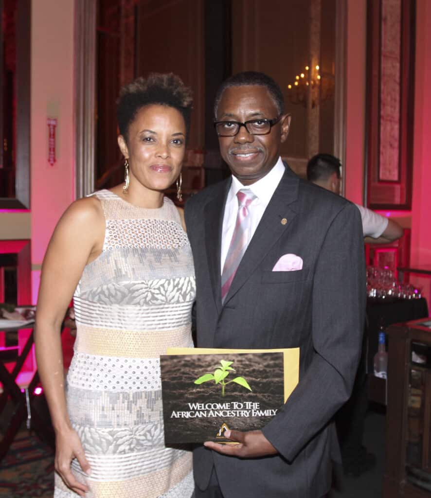 Living Legends Foundation Chairman David C. Linton pictured with Dr. Gina Page, co-founder of African Ancestry, Inc., who gifted the Living Legends honorees with DNA Test Kits (Photo Credit: The Living Legends Foundation).