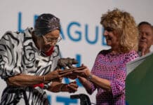 Sedalia Sanders receives the 2022 Past Presidents’ Lifetime Achievement Award, from former president and friend, Cheryl Viegas Walker. Long Beach, California, Wednesday Sept. 7, 2022. (Photo by Solomon O. Smith)
