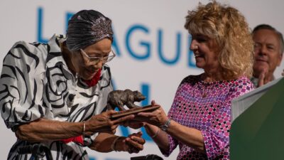 Sedalia Sanders receives the 2022 Past Presidents&rsquo; Lifetime Achievement Award, from former president and friend, Cheryl Viegas Walker. Long Beach, California, Wednesday Sept. 7, 2022. (Photo by Solomon O. Smith)