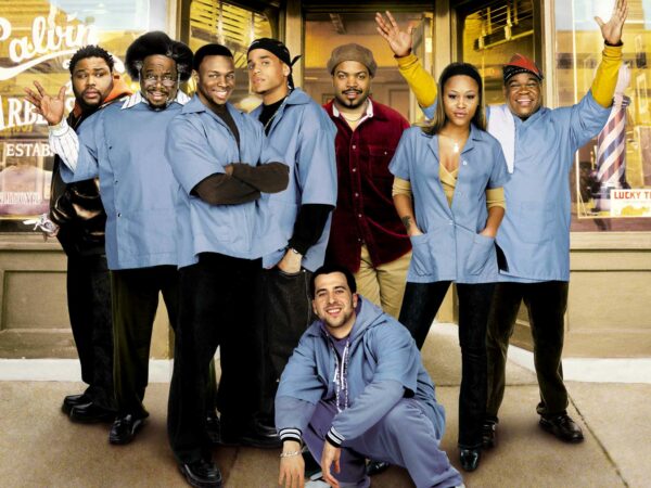 "Barbershop" cast members (left to right) Anthony Anderson, Cedric the Entertainer, Sean Patrick Thomas, Michael Ealy, Ice Cube, Troy Garity, Eve and Leonard Earl Howze