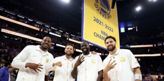 Andre Iguodala, Stephen Curry, Draymond Green and Klay Thompson (Getty Images)