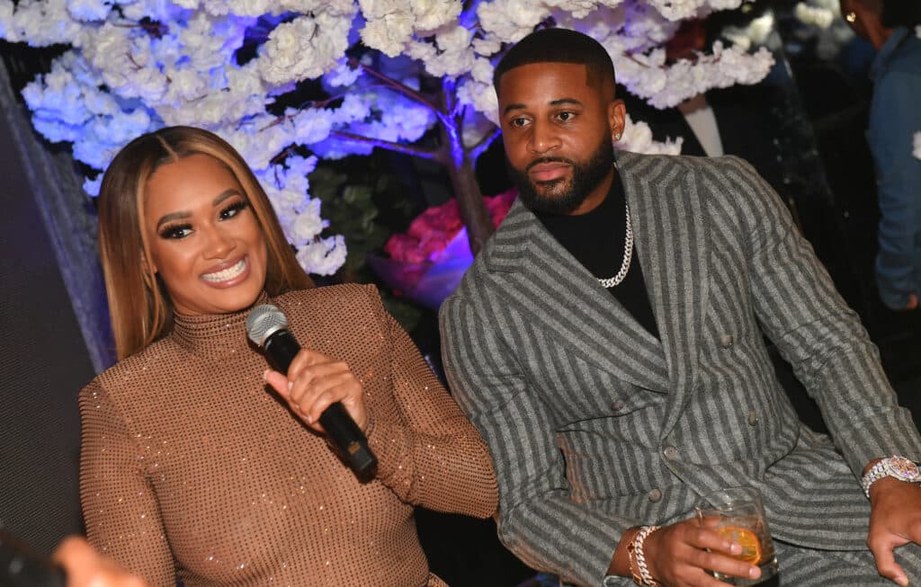 ATLANTA, GEORGIA - SEPTEMBER 28: Crystal Hayslett and Devale Ellis speak on stage as BET+ Celebrates the launch of Tyler Perry's Zatima at 5Church Buckhead on September 28, 2022 in Atlanta, Georgia. (Photo by Paras Griffin/Getty Images for BET+)
