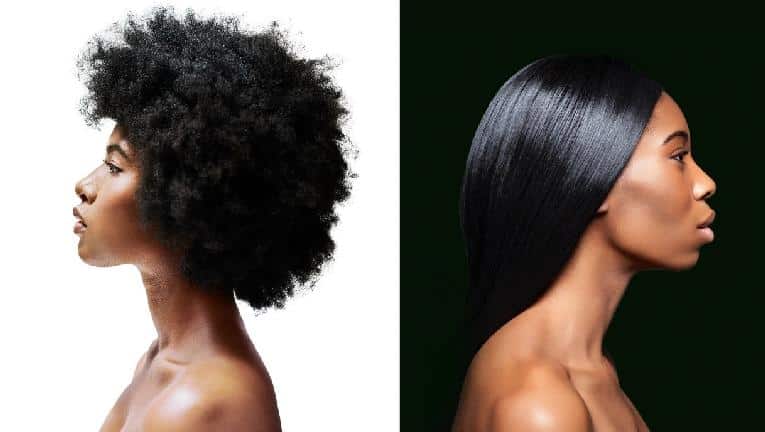 Side-by-side photos of natural and relaxed hair.Liza Evseeva / Getty Images