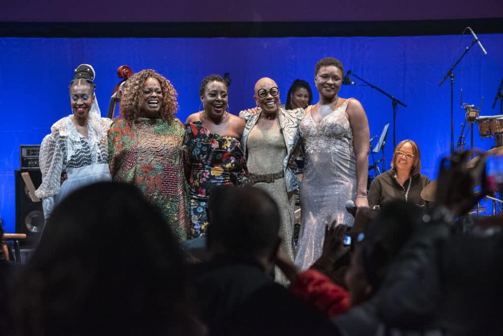 The Jazz Music Awards at the Cobb Energy Performing Arts Center with the opening performance of Songs of Social Justice featuring (l-r) Jazzmeia Horn, Dianne Reeves, Ledisi, Dee Dee Bridgewater, Lizz Wright and musical director Terri Lyne Carrington looking on (Photo Credit: Julie Yarbrough)