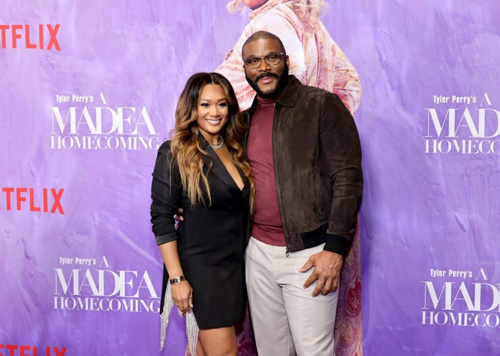 LOS ANGELES, CALIFORNIA - FEBRUARY 22: (L-R) Crystal Renee Hayslett and Tyler Perry attend the world premiere of "Tyler Perry's A Madea Homecoming" at Regal LA Live on February 22, 2022 in Los Angeles, California. (Photo by Matt Winkelmeyer/Getty Images)