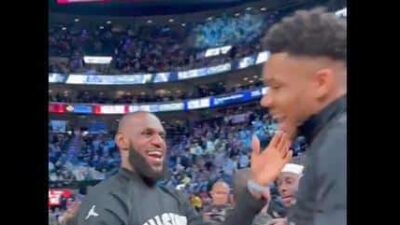 LeBron James congratulates Giannis Antetokounmpo after 2023 NBA All-Star Game