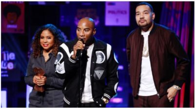 (L-R) Angela Yee, Charlamagne tha God, and DJ Envy accept the Best Pop Culture Podcast award for 'The Breakfast Club' onstage at the 2020 iHeartRadio Podcast Awards at the iHeartRadio Theater on January 17, 2020 in Burbank, California. (Photo by Rich Fury/Getty Images for iHeartMedia)