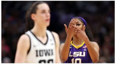 DALLAS, TEXAS - APRIL 02: Angel Reese #10 of the LSU Lady Tigers reacts towards Caitlin Clark #22 of the Iowa Hawkeyes during the fourth quarter during the 2023 NCAA Women's Basketball Tournament championship game at American Airlines Center on April 02, 2023 in Dallas, Texas. (Photo by Maddie Meyer/Getty Images)