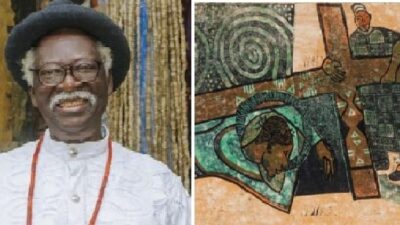 Dr Bruce Onobrakpeya and one of his works at the exhibition