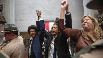 Tennessee lawmakers Justin Pearson of Memphis, Justin Jones of Nashville and Gloria Johnson of Knoxville (Nicole Hester-The Tennessean-USA Today Network)