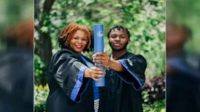 Mother (Indya Thomas) & son (Kamau Gomes) graduate from college - family photo