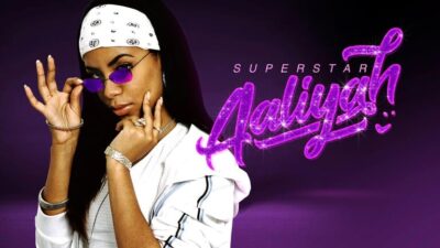 Aaliyah in sunglasses and white bandana for ABC's "Superstar: Aaliyah" cover art