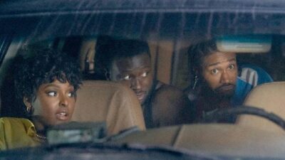 Antoinette Robertson as Lisa, Sinqua Walls as Nnamdi and Dewayne Perkins as Dewayne in The Blackening