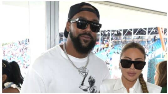 MIAMI GARDENS, FL - MAY 7: Marcus Jordan and Larsa Pippen are seen at the Trophy House during F1 Grand Prix Of Miami at the Hard Rock Stadium on May 7th, 2023 in Miami Gardens, Florida. (Photo by Manny Hernandez/Getty Images)