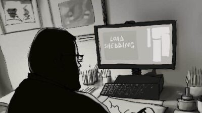 Meeting deadlines - South Africa cartoonist drawing during Load-shedding