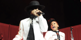 Prince performs with Janelle Monae at Mohegan Sun Arena on December 29, 2013 in Uncasville, Connecticut. (Photo by Kevin Mazur/WireImage for NPG Records 2013)