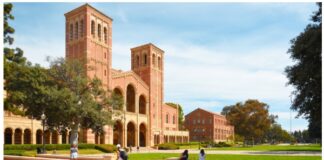 A view of the façades of Royce Hall and Haines Hall at University of California Los Angeles (UCLA) campus. stock photo