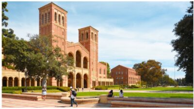 A view of the fa&ccedil;ades of Royce Hall and Haines Hall at University of California Los Angeles (UCLA) campus. stock photo